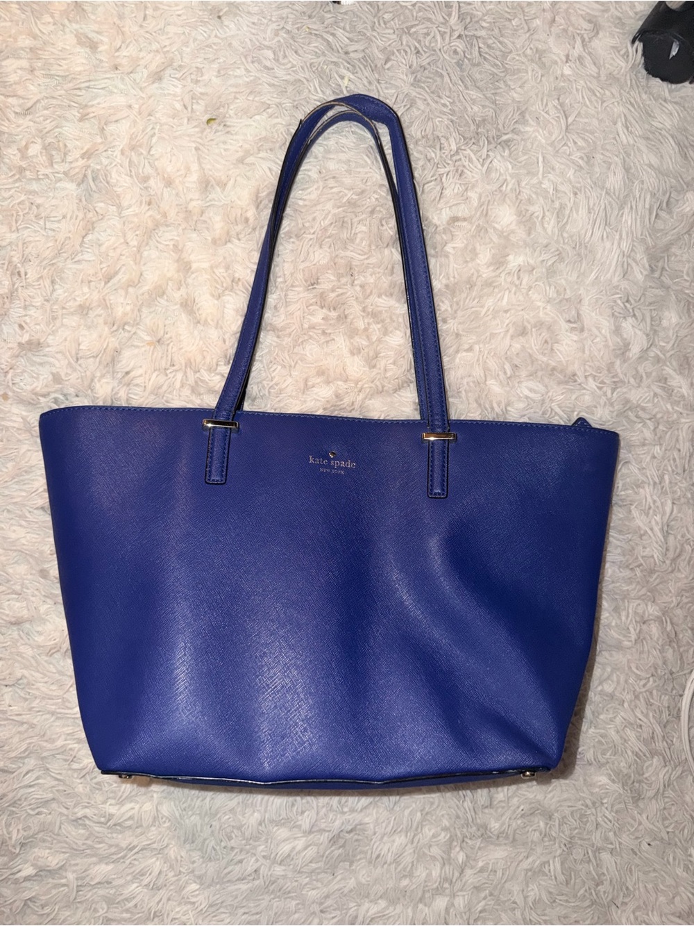 kate spade cobalt blue leather tote with gold logo